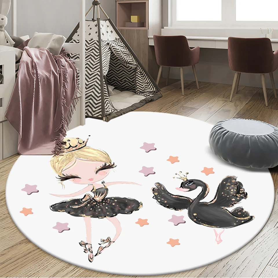 Ballet Dancer Girl Bedroom Carpet Cute Cartoon White Girl Room Game Round  Area Rug Children's Decorative Non-Slip Play Floor Mat