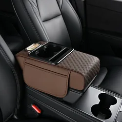 Premium Nappa Leather Car Console Cushion with Cup Holders and Phone Slot (Coffee L)