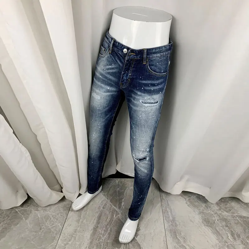 Street Fashion Men Jeans High Quality Retro Blue Stretch Slim Fit Ripped Jeans Men Painted Designer Vintage Brand Pants Hombre