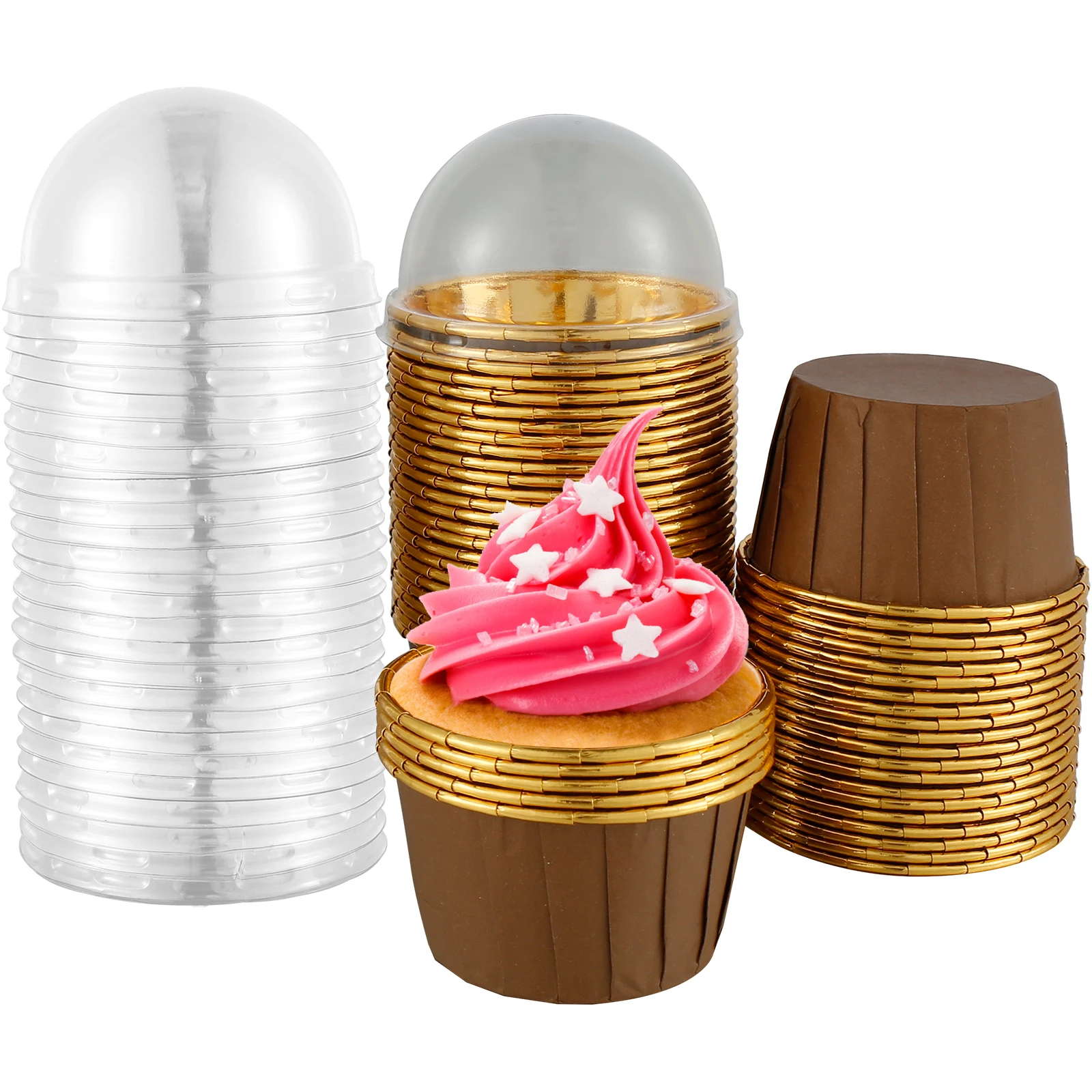 50pcs Foil Cupcake Liners with Lids Round Aluminum Muffin Cake Holders Pans Baking Cups Tray 5.5oz Heat Resistant Cake Cups