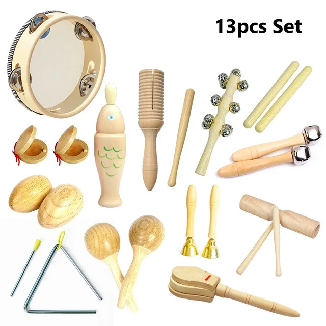 Toddlers Music Toys Set Castanet Sand Hammer Tambourine Triangle Double Ringer Orff Percussion Instrument Sets Montessori Toys 4
