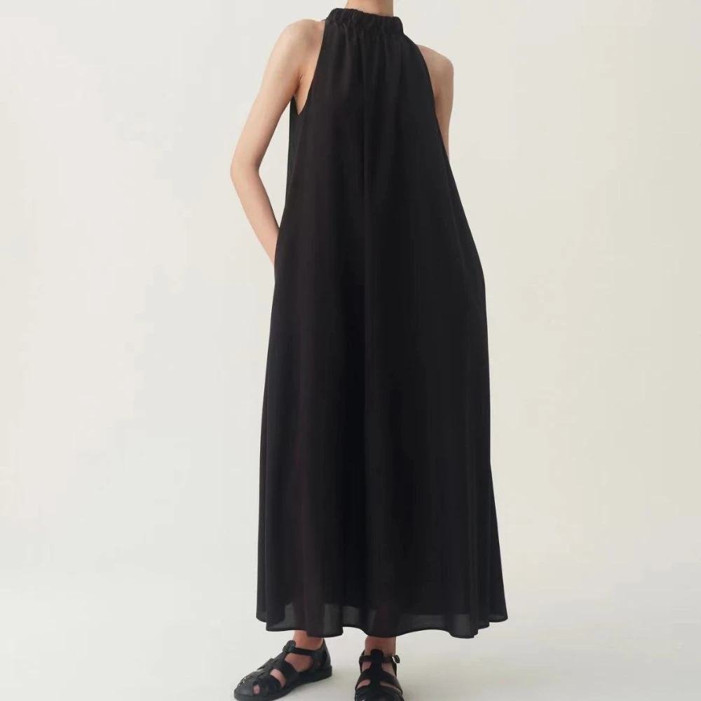 

Spring and Summer Simple Casual Commuter Silk Double Crepe Sleeveless Round Neck Loose Ankle Length Dresses Women Clothing