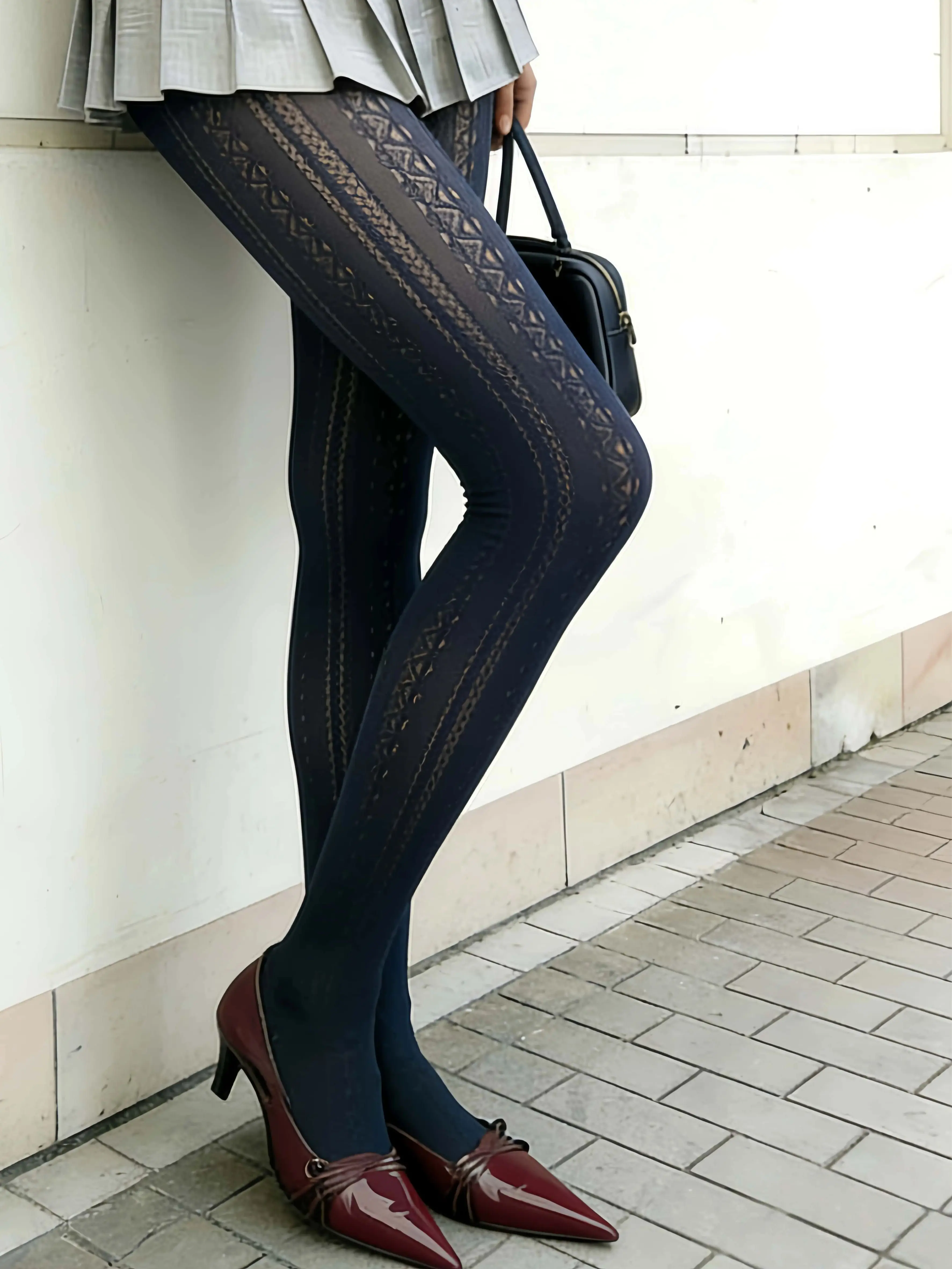 Women's Navy Blue Breathable Mesh Pantyhose with Hollow Out Design