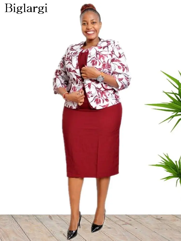 

Plus Size Autumn 2 Two Piece Set Women Floral Print Office Ladies Cropped Coats Bodycon Fashion Midi Woman Dress 2023