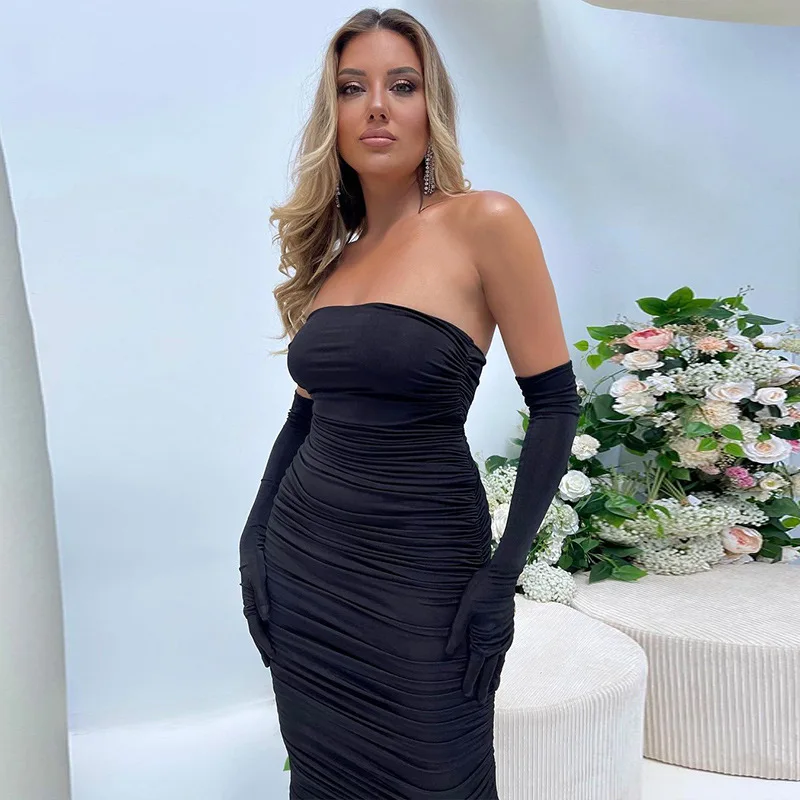 Strapless Solid Draped Folds With Gloves Sexy Bodycon Maxi Prom Dress