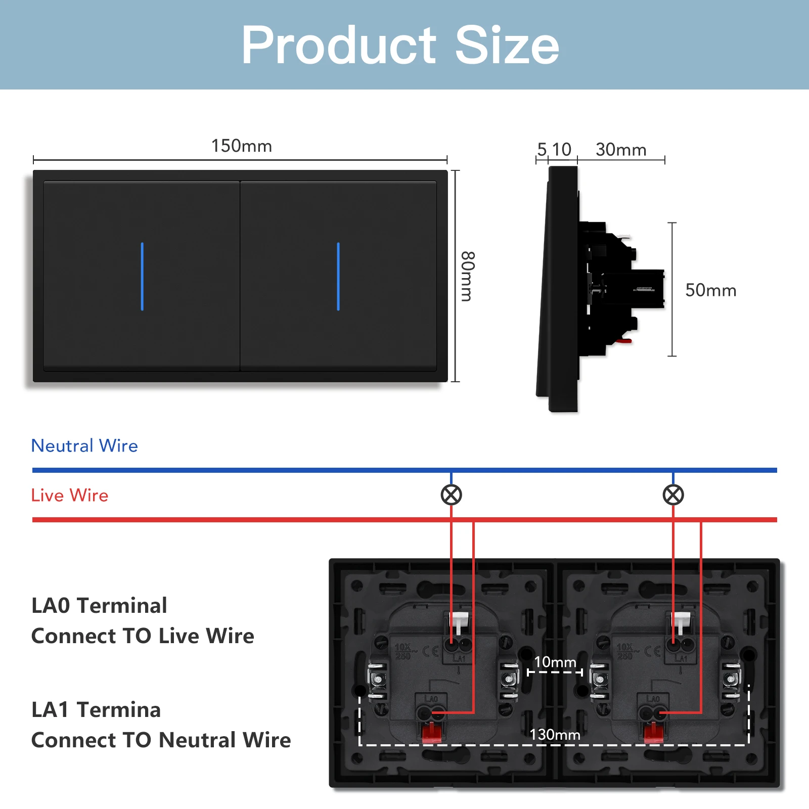 BSEED 1/2Gang Large Buttons Light Switch 1Way Double EU Wall Switches With and Without LED Neon Indicator Lights Plastic Panels