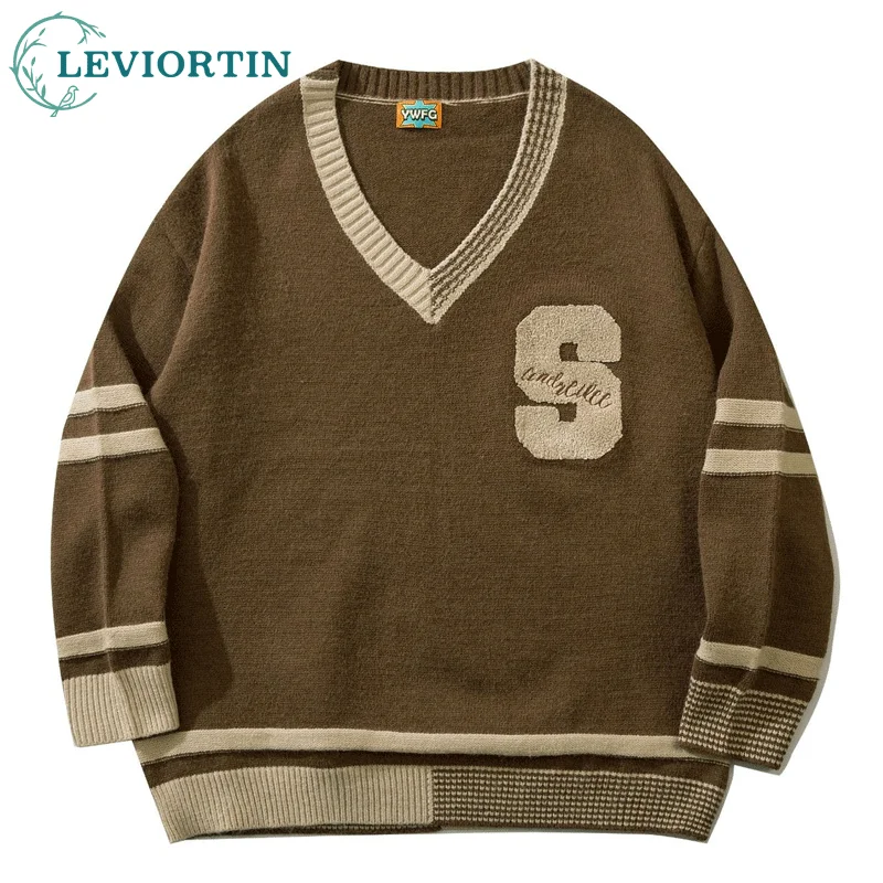 

Korean Styles Men V Neck Sweater Harajuku Embroidery Striped Knitted Jumpers Sweaters 2022 Autumn Fashion Loose Pullover Sweater