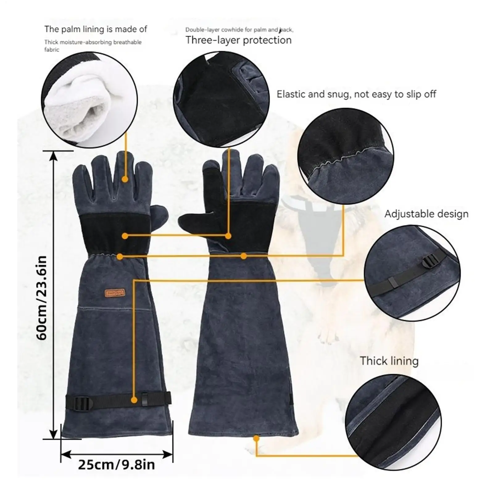 Cat Handling Gloves 23.6 Inch Multipurpose Pet Grooming Gloves Protective Sleeve For Reptile Snake Cat Dog Handling Livestock