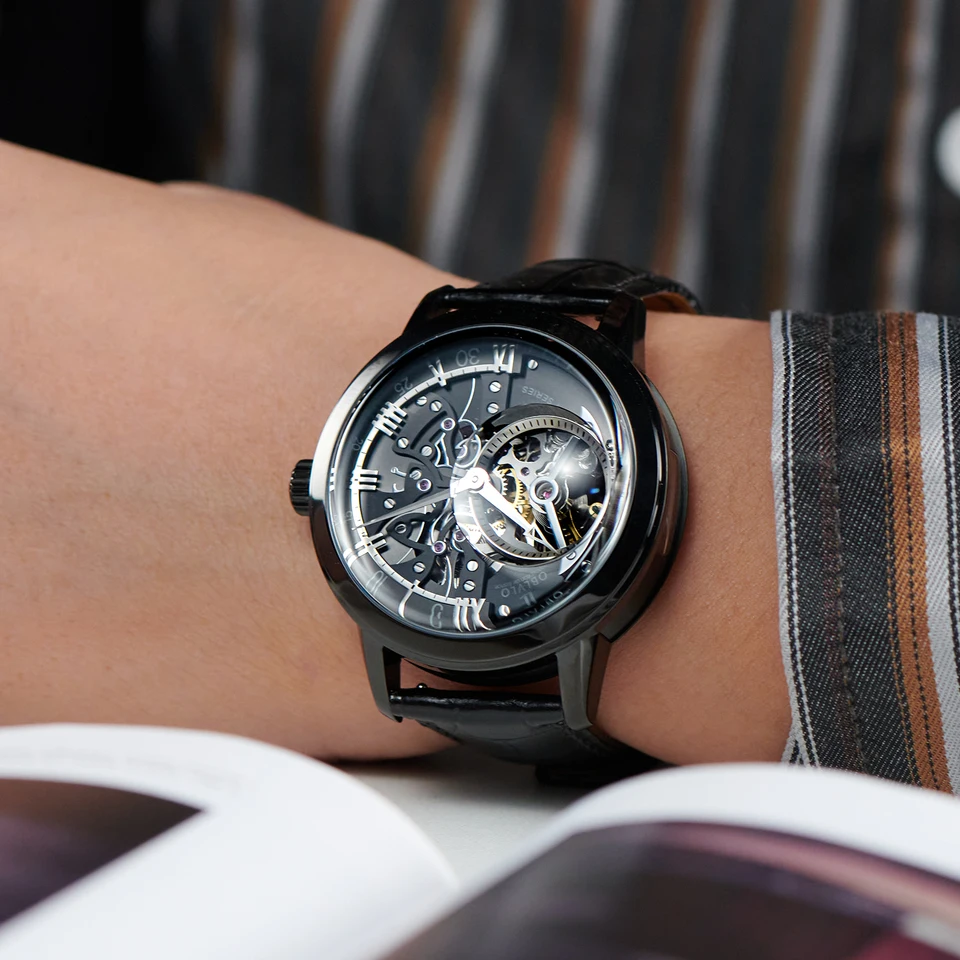 Oblvlo-自動巻き時計,新しいデザイン,透明なトゥールビヨン,革