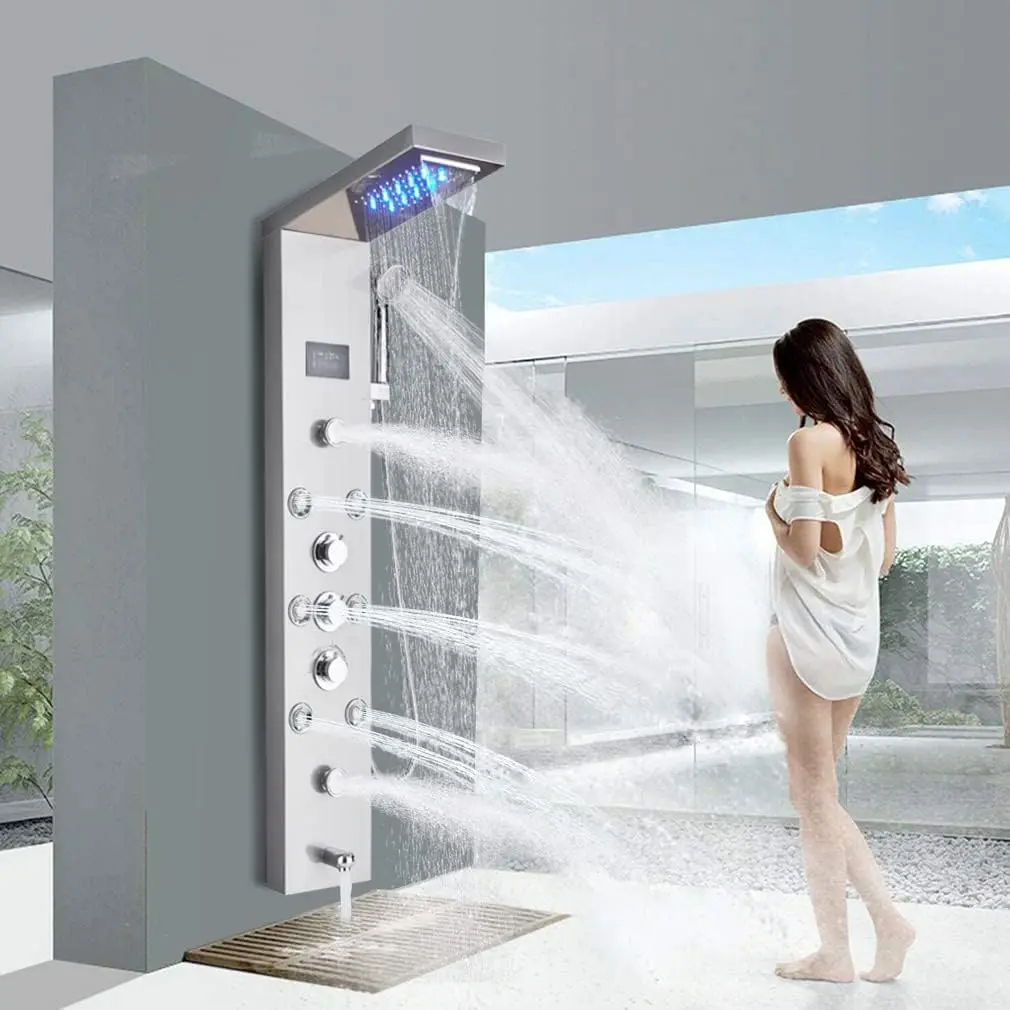 Contemporary Shower Panel Tower System Stainless Steel 6-Function Faucet LED Rainfall Waterfall Shower Head + Handheld Spray