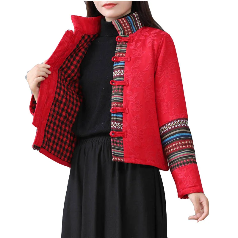 Traditional Tang Suit Stand Collar Autumn Winter Ethnic Style Women's Cotton Linen Coat Clothes Long Sleeve Padded Jacket Female
