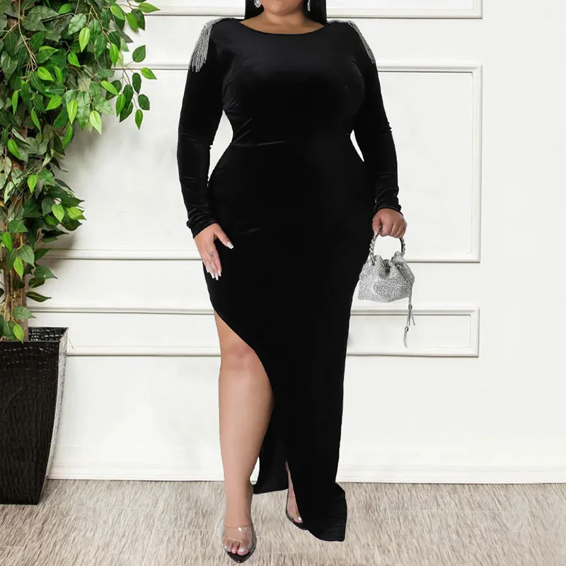 Evening Party Plus Size Fashion Korean Velvet Autumn Winter Solid Splice Chain Trim Sexy Back Hollow Out Split Slim Long Dress