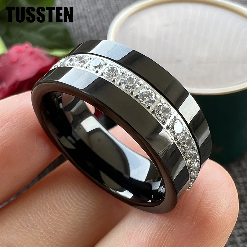 

TUSSTEN 8MM CZ Stone Inlay Beveled Edges Black Tungsten Ring for Men Women Eternity Fashion Engagement Wedding Band