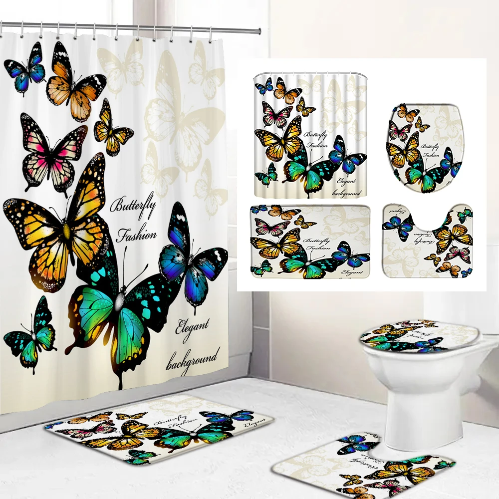 

Butterfly Pattern Bathroom Curtains Non-Slip Rug Toilet Lid Cover Mat Shower Curtain Set Bath Mats Rugs Home Decoration