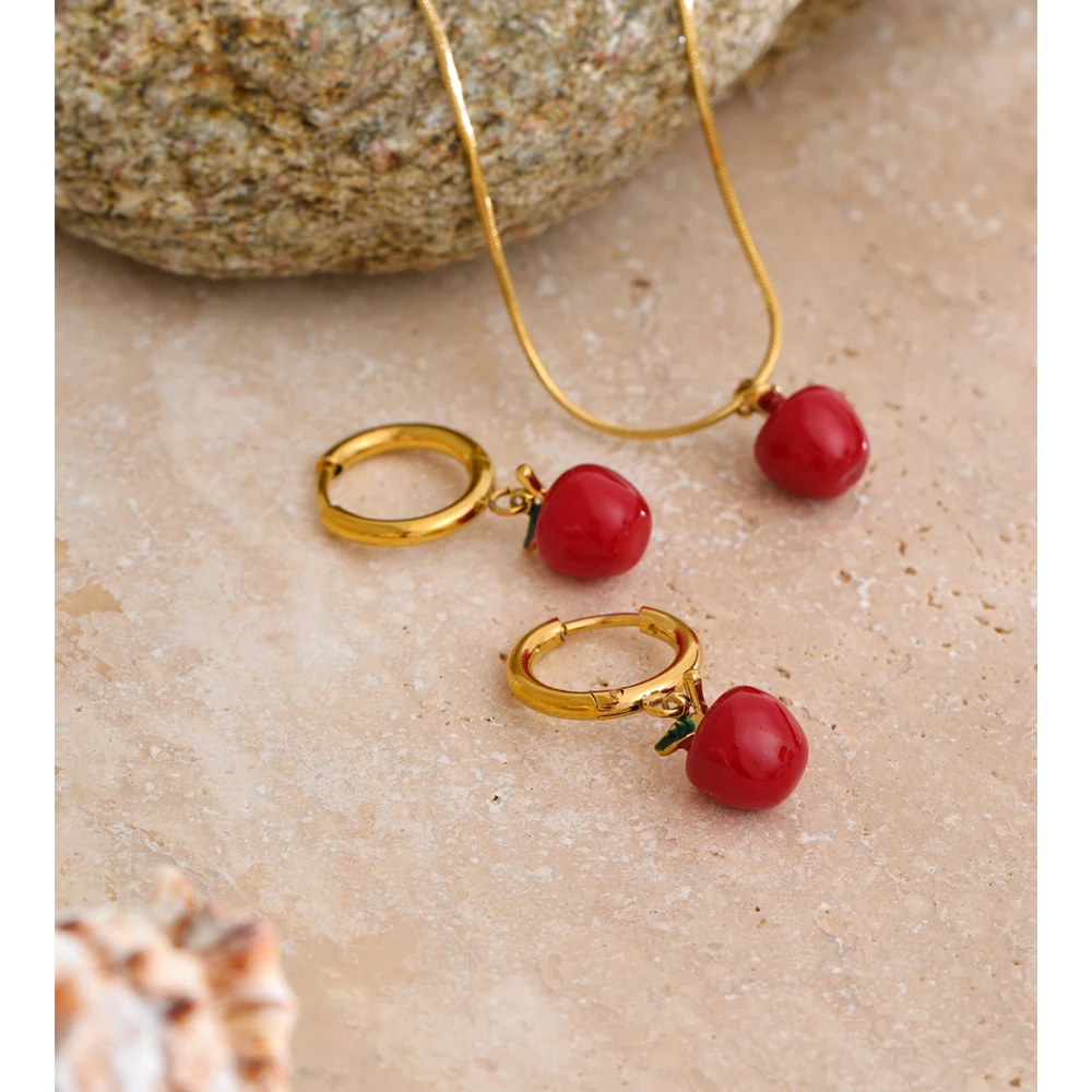 Yhpup Red Enamel Apple Pendant Necklace Earrings