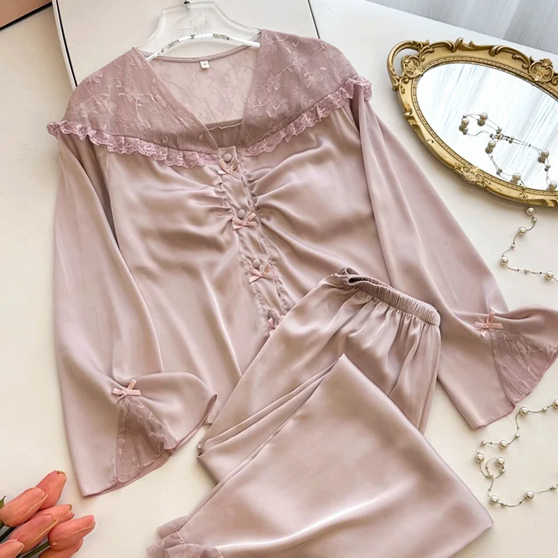 Summer Elegant French Style 2PCS Pajamas Set V-Neck Lace Ice Silk Nightwear Women Satin Pajamas Top pant  Simple Home Clothes