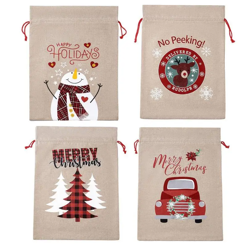 

Christmas Gift Bags Linen Fabric Candy Gift Bag Drawstring Pouches Nice Bracelet Jewelry Packaging Bags New Year Party Supplies