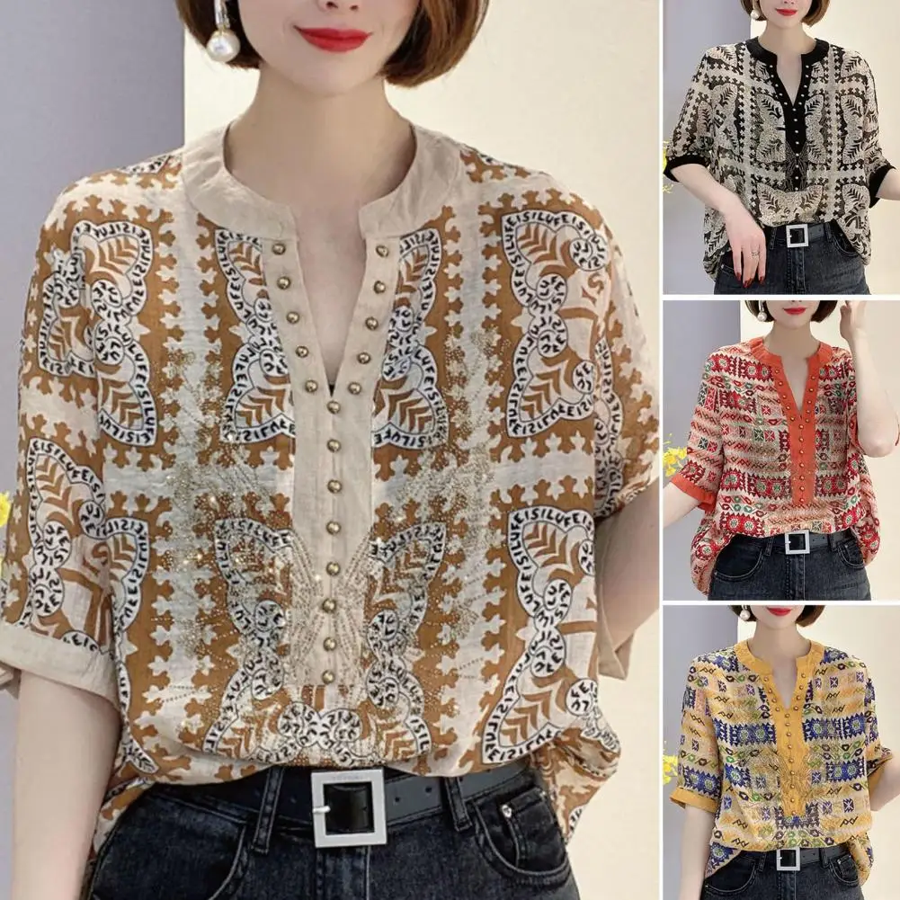 

Half Sleeve Rivet Lace Stitching Loose Fit Pullover Shirt Top Retro Ethnic Style Shirt Hot Drilling Decor Blouse Streetwear