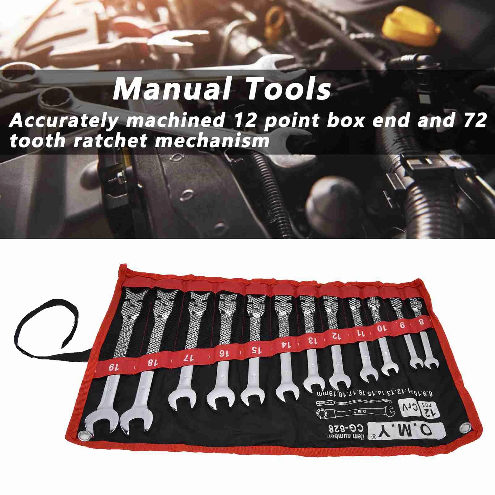 Ratchet Spanner Ratchet Wrench Set Kit Metric Combination Chrome Vanadium Steel 8‑19mm with Storage Bag