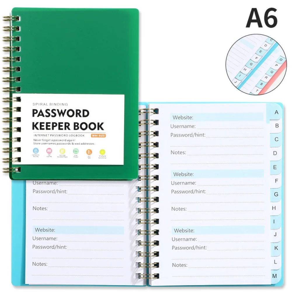 Alphabetical Tabs Spiral Password Keeper Notebook, A6 Mini Size, Secure Website Logins Organizer