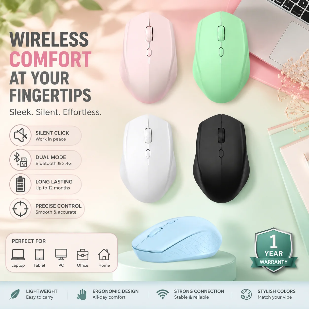 무선 충전식 무소음 마우스, 블루투스/2.4G USB 광학 마우스, 노트북 PC 데스크탑용 1600DPI 4버튼 인체공학적 마우스