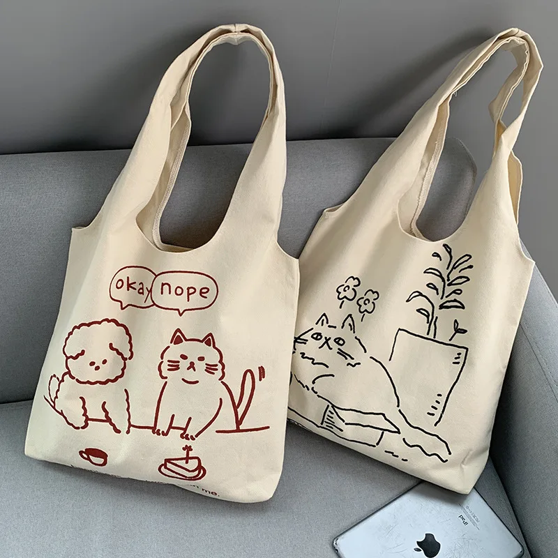 Cute Cat Dog Print Canvas Tote Bag Female Cotton Cloth Handbag Women