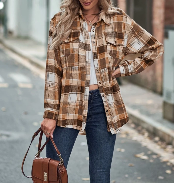 Women's Top 2023 Autumn Fashion Street Lapel Long Sleeve Pocket Casual Plaid Shirt Daily Casual Loose Fitting Cardigan Shirt