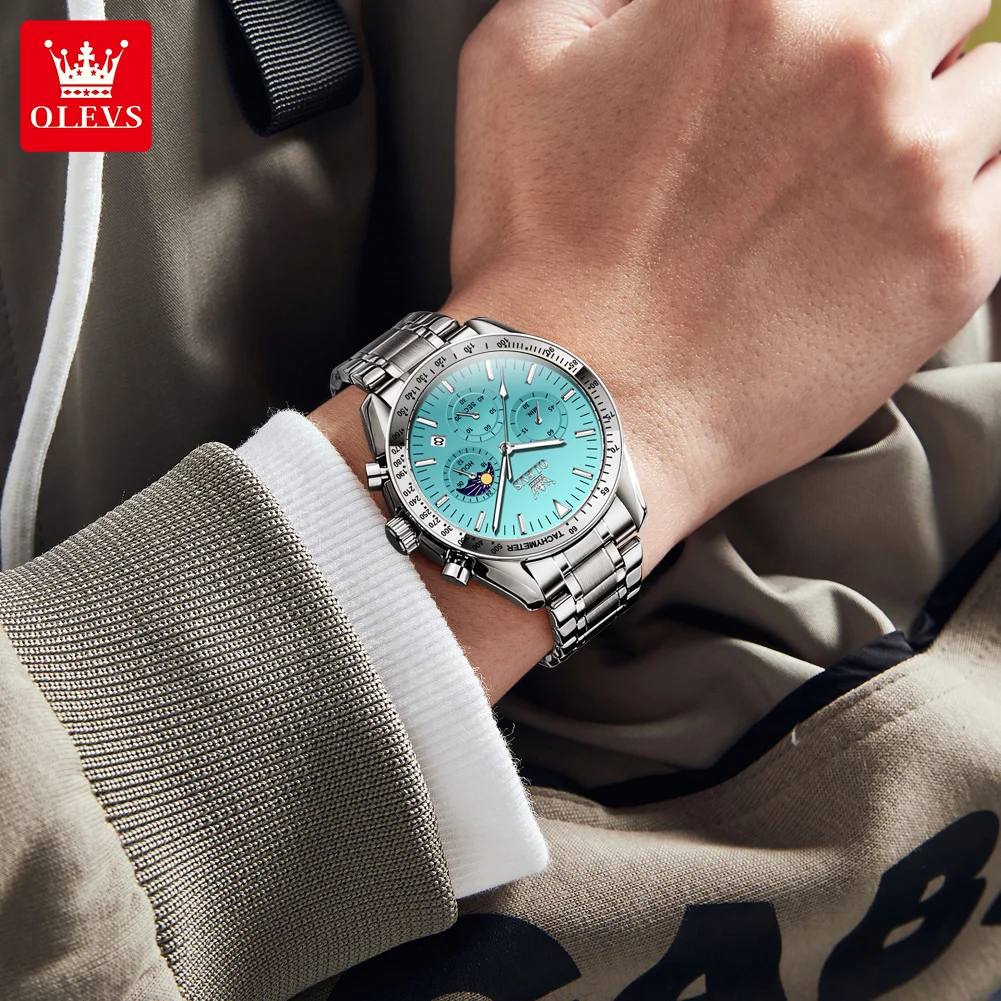 OLEVS 3618 Men's Watch Moon Phase Chronograph Quartz Watch For Men Luxury Waterproof Date Business Man Wristwatch Steel Strap