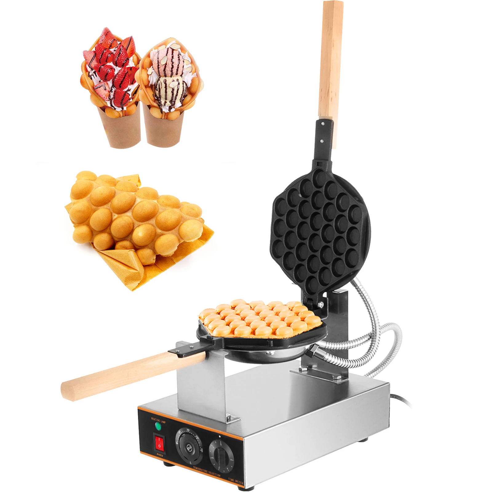 VEVOR Commercial Egg Bubble Waffle Maker 1400W Bubble Puff Iron w/ 180° Rotatable 2 Pans & Wooden Handles Stainless Steel Baker