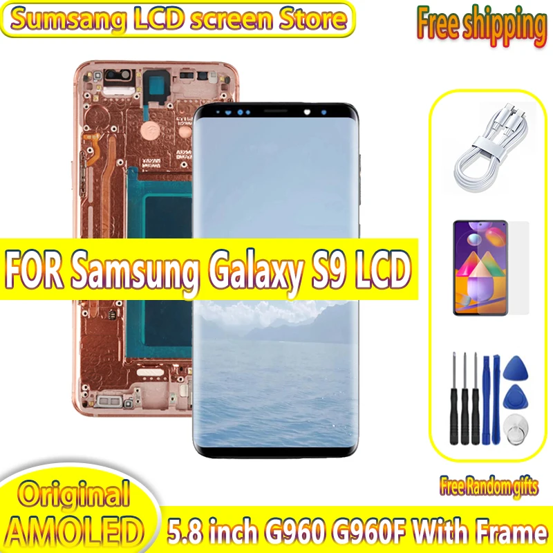 삼성 갤럭시 S9 용 AMOLED 디스플레이, 프레임 디스플레이 터치 스크린 디지타이저 어셈블리 포함, 5.8 인치 S9 G960F LCD G960