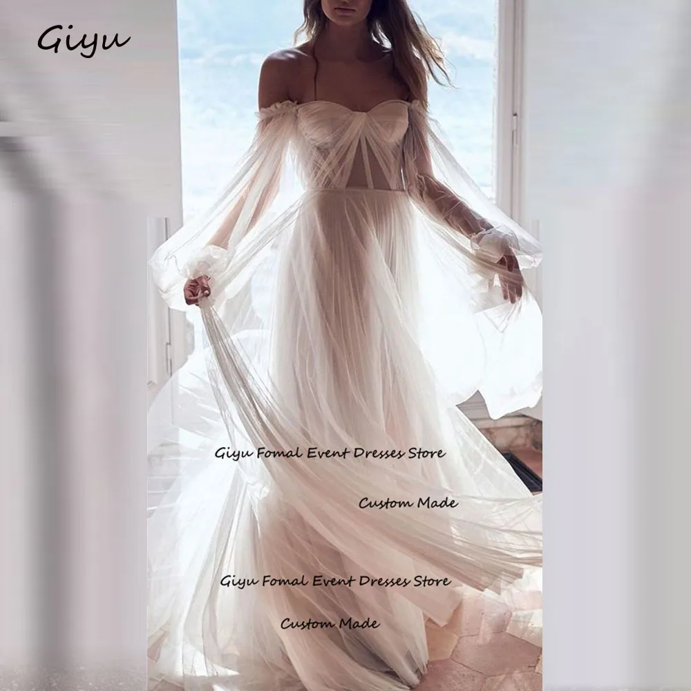 

Giyu Fairy Tulle Wedding Dress For Woman Sweetheart Collar Full Sleeves Floor-length Vestidos Novias Boda Bridal Gown