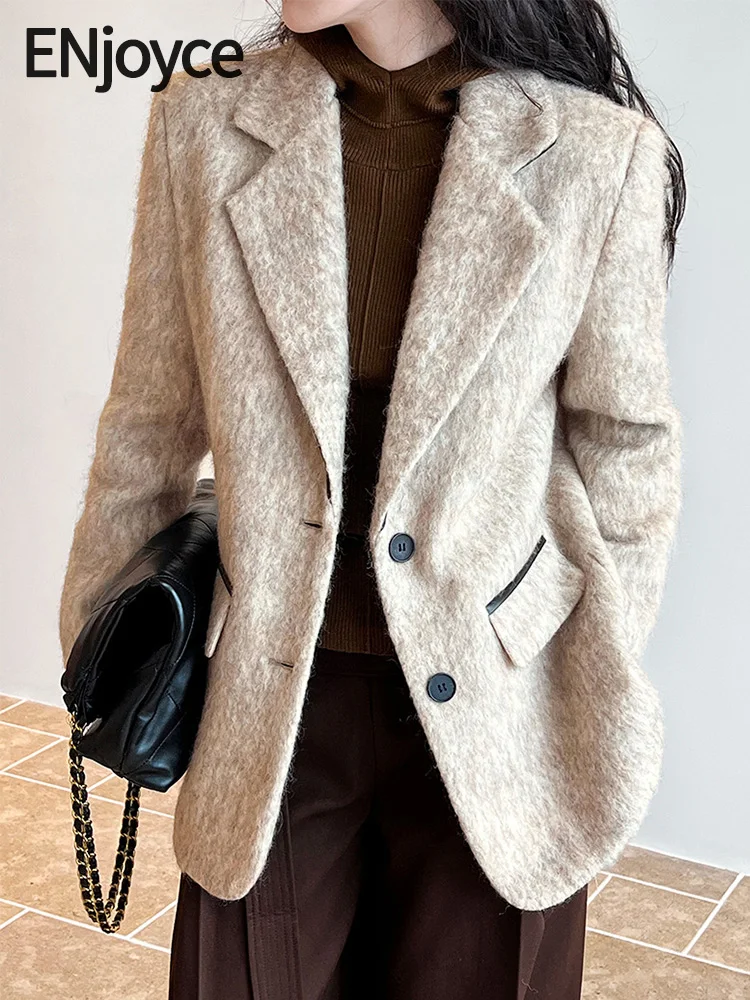 

Женский твидовый пиджак ENjoyce, винтажный шерстяной пиджак в Корейском стиле, свободный пиджак с отложным воротником, Осень-зима 2023