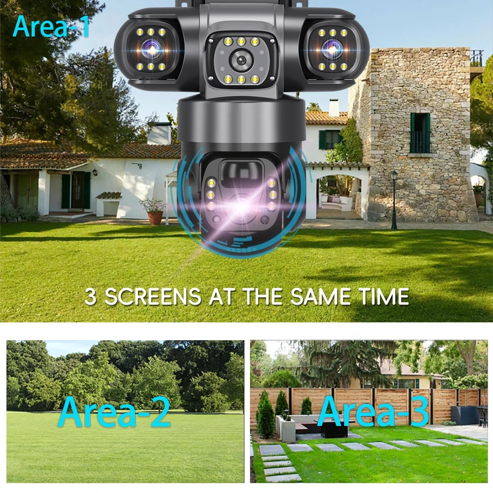 Solar Camera With 4G SIM 15MP HD Outdoor 3 Lens 3 Screen 10X Zoom PIR Human Detect Cameras Night Vision CCTV Security Protection 3