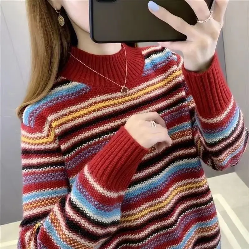 

Autumn Winter New Half High Collar Fashion Multicolor Striped Sweater Women Vintage Casual Screw Thread All-match Pullovers D64