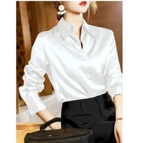 Brand Quality Luxury Women Shirt Elegant Office Button Up Long Sleeve Shirts Momi Silk Crepe Satin Blouses Business Ladies Top white