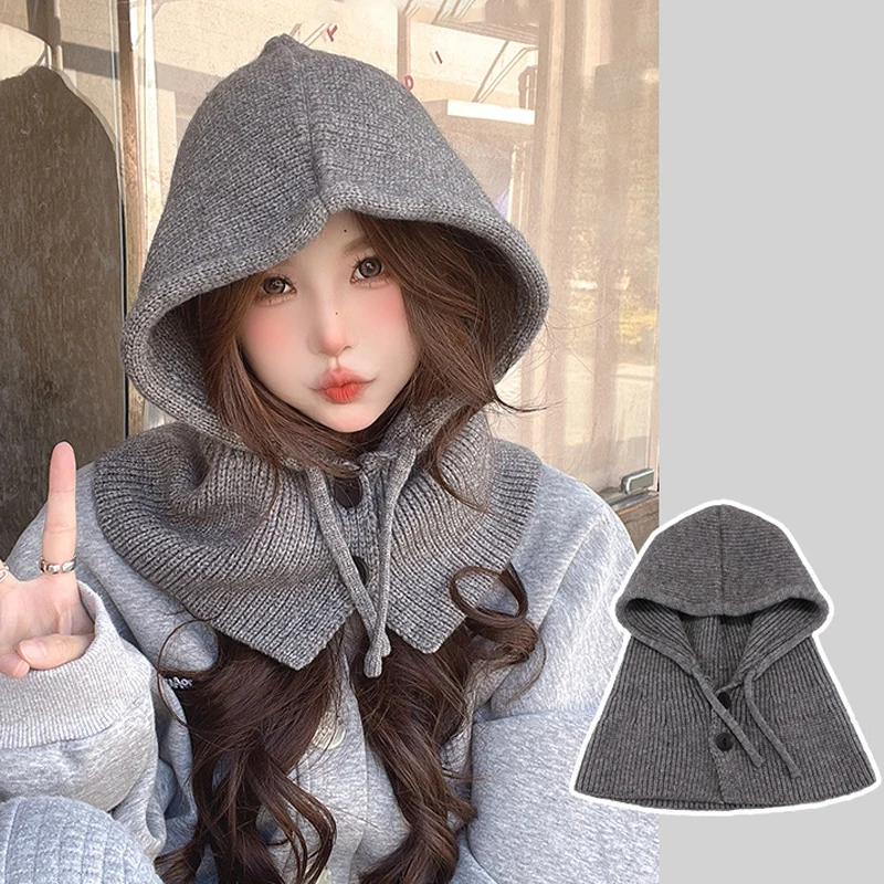 Winter Balaclava Hat Warm Knitted Women's Hood Hat Solid Color One-piece Neck Pullover Cap Outdoor Cashmere Caps 3