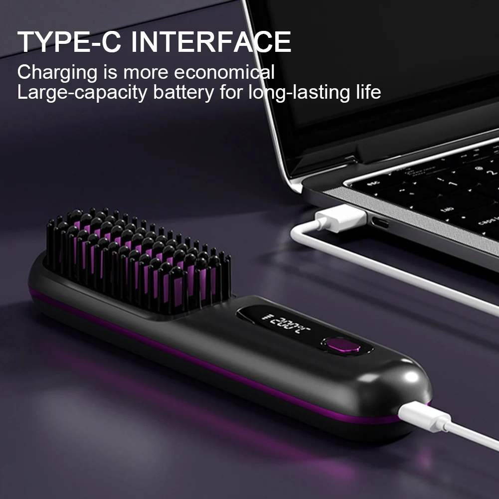 alt="A portable hair straightener brush with no cord, featuring 3 temperature levels.
