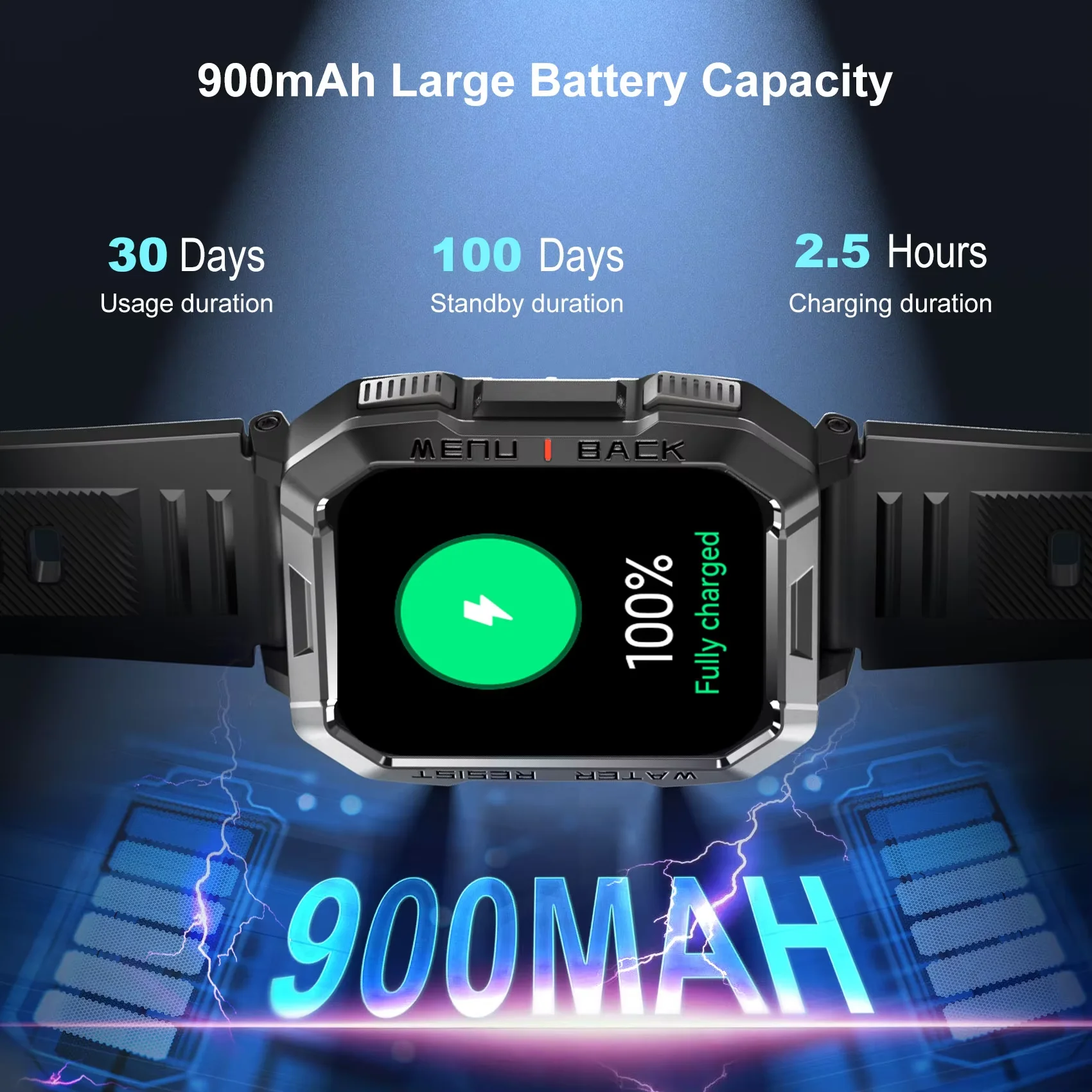 블랙뷰 W60 방수 스마트워치, 비상 조명 기능, 2.01인치 화면, 900mAh 대용량 배터리, 블루투스, 남성용 아웃도어 스포츠 시계