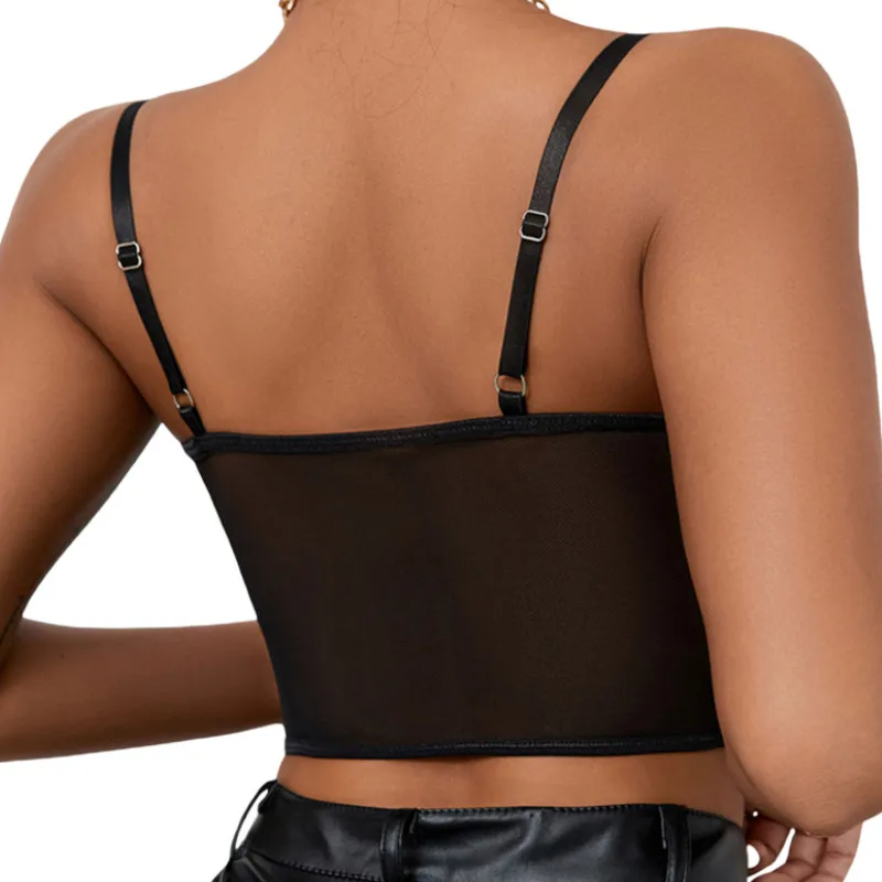 Women Sleeveless Camisole with Adjustable Bandage Lace Backless Sexy Mesh Perspective Summer Clothing Club Wear lace camisole