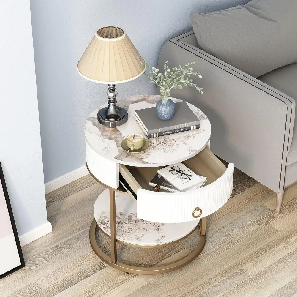 Round Side Table with Drawer, 2 Tier Night Stand with Shelf, Modern Side Table with Gold Legs for Living Room, Bedroom, Dorm 3