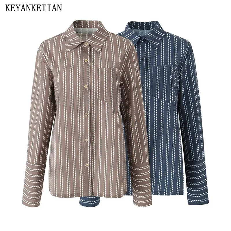 

KEYANKETIAN Autumn New Women's Loose Jacquard Shirt Fashion Single Breasted Pockets Vintage Blouse Office Lady Chemise TOPS