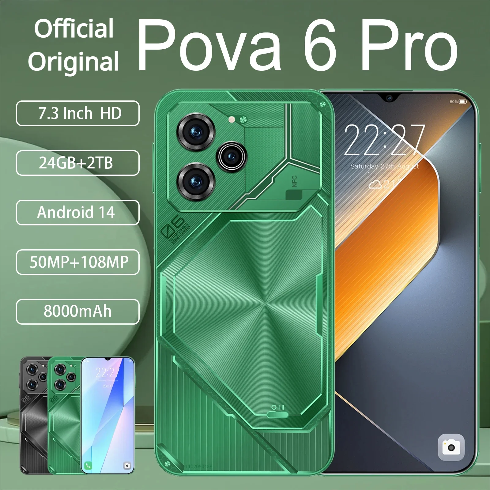 

Povo 6 Pro Original Smart phone 5G 7.3inch HD 22G+2TB Cell Phone Dual SIM Mobile Phones 50+108MP 8000mAh Android 14 Unlocked NFC