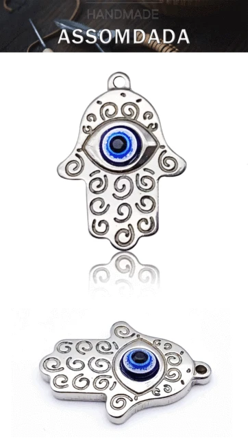 10Pcs Argento Antico Colore Hamsa Fatima Fascino Mano Male Occhio Blu Perlina Misura Ciondolo Collana Braccialetto Accessori Gioielli Fai Da Te - Foto 5