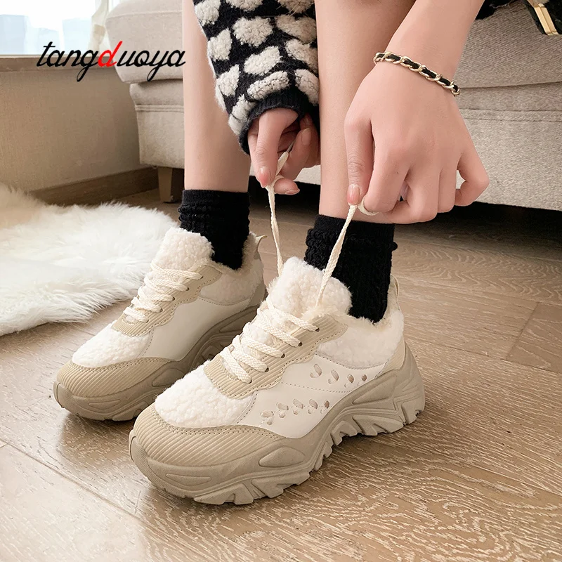 Winter Sneakers Vrouwen Bont Luxe Designer Pluche Winter Sport Schoenen  Vrouw Dikke Platform Loopschoenen Katoen Gevoerde Schoenen