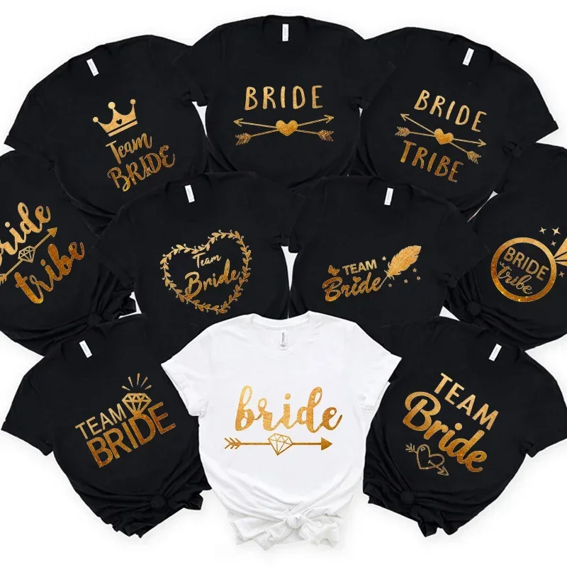 

Team Bride T-shirt Friends Wedding Tshirt Golden Graphic girls Bachelorette Hen Party Tee Black White Tops cotton