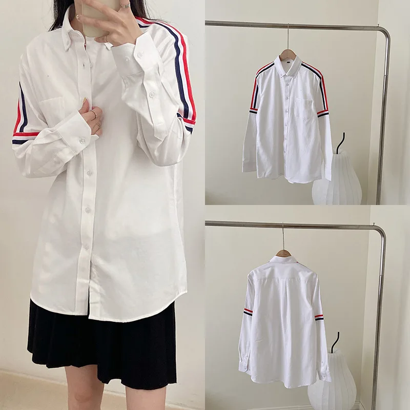 TB Shirt 2023 New Men and Women with Oxford Long Sleeve Red, White and Blue Tricolor Shoulder Color Stripes Relaxed and Casual oxford blue наволочка 50 x 50 см