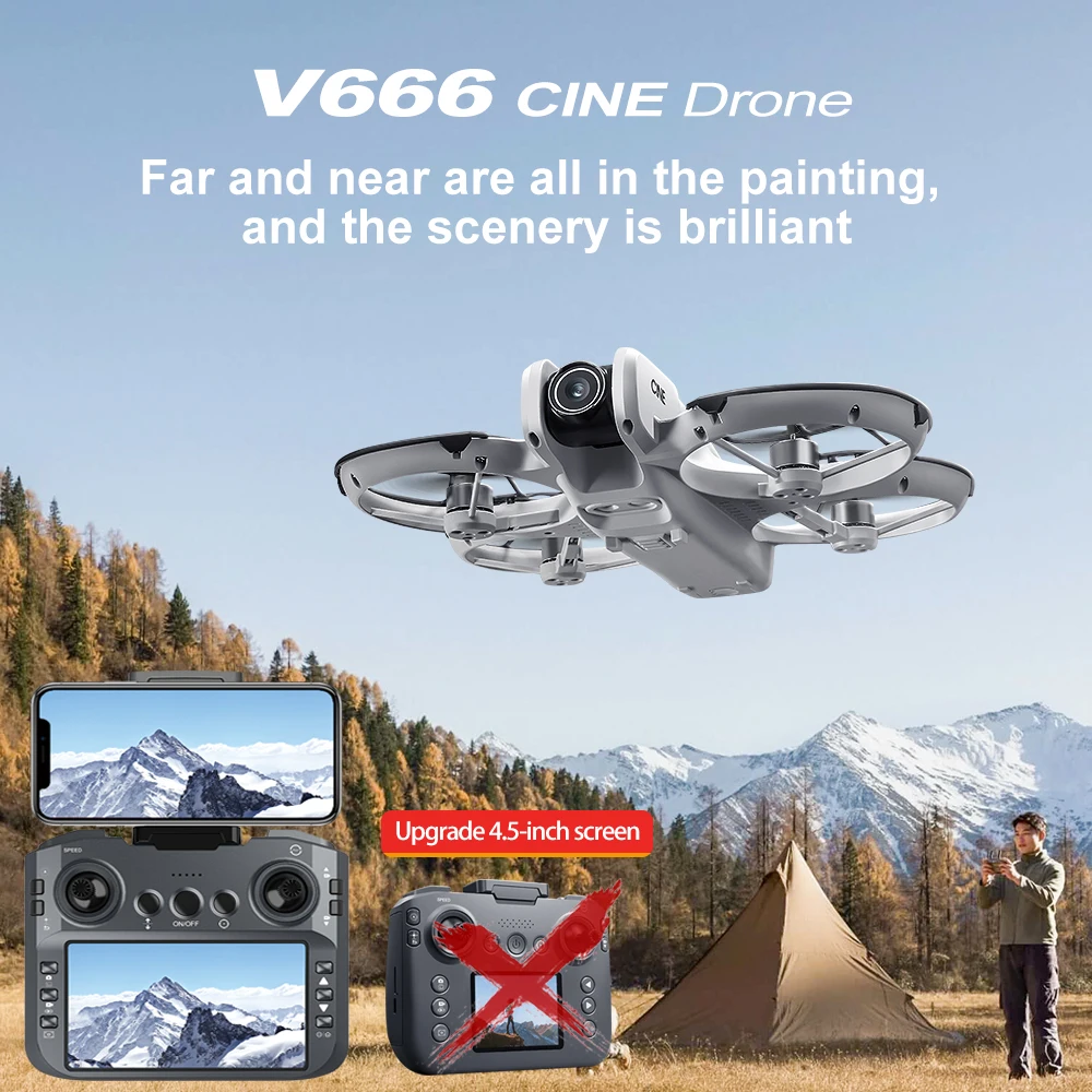 Vue grand angle 120° depuis le Mini Drone V666 4K HD WiFi FPV au-dessus d'un paysage