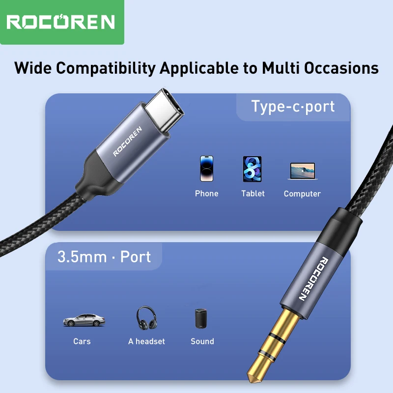 Type C Audio Adapter Rocoren AUX Cable Type C to 3.5mm Jack Audio Plug Speaker Adapter Huawei iPone Realme Car Headphone Computer Converter Wire