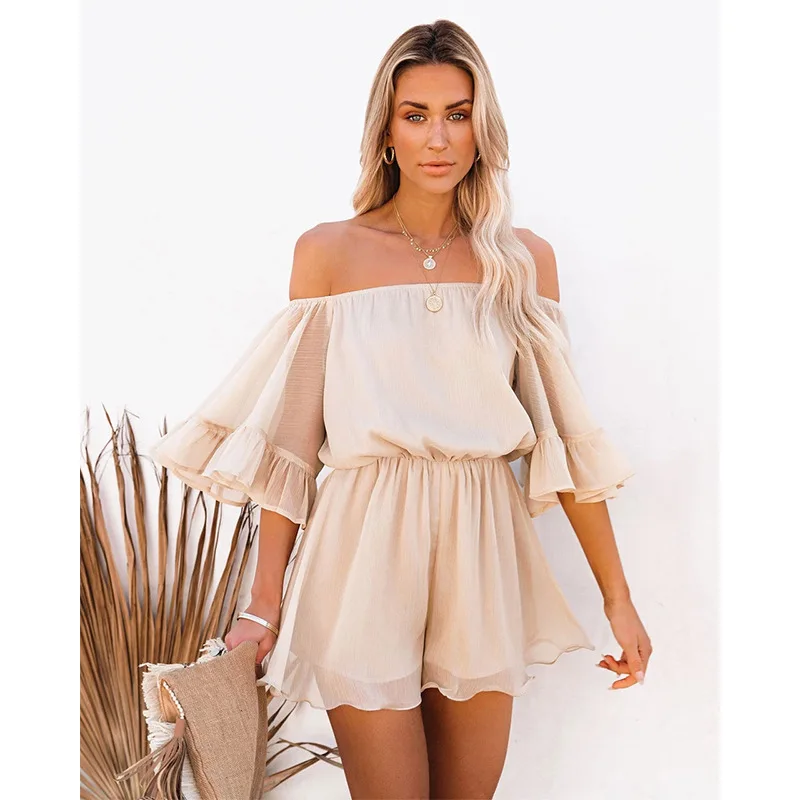 Women Playsuit Sexy Off-the-Shoulder Summer Solid Color Ruffles Slash Neck Short Sleeve High Waist Loose Jumpsuits