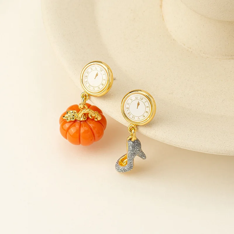 Halloween Pumpkin Glass Slipper Enamel Earrings Creative Clock Earrings Studs Women's Pendant Niche Personality